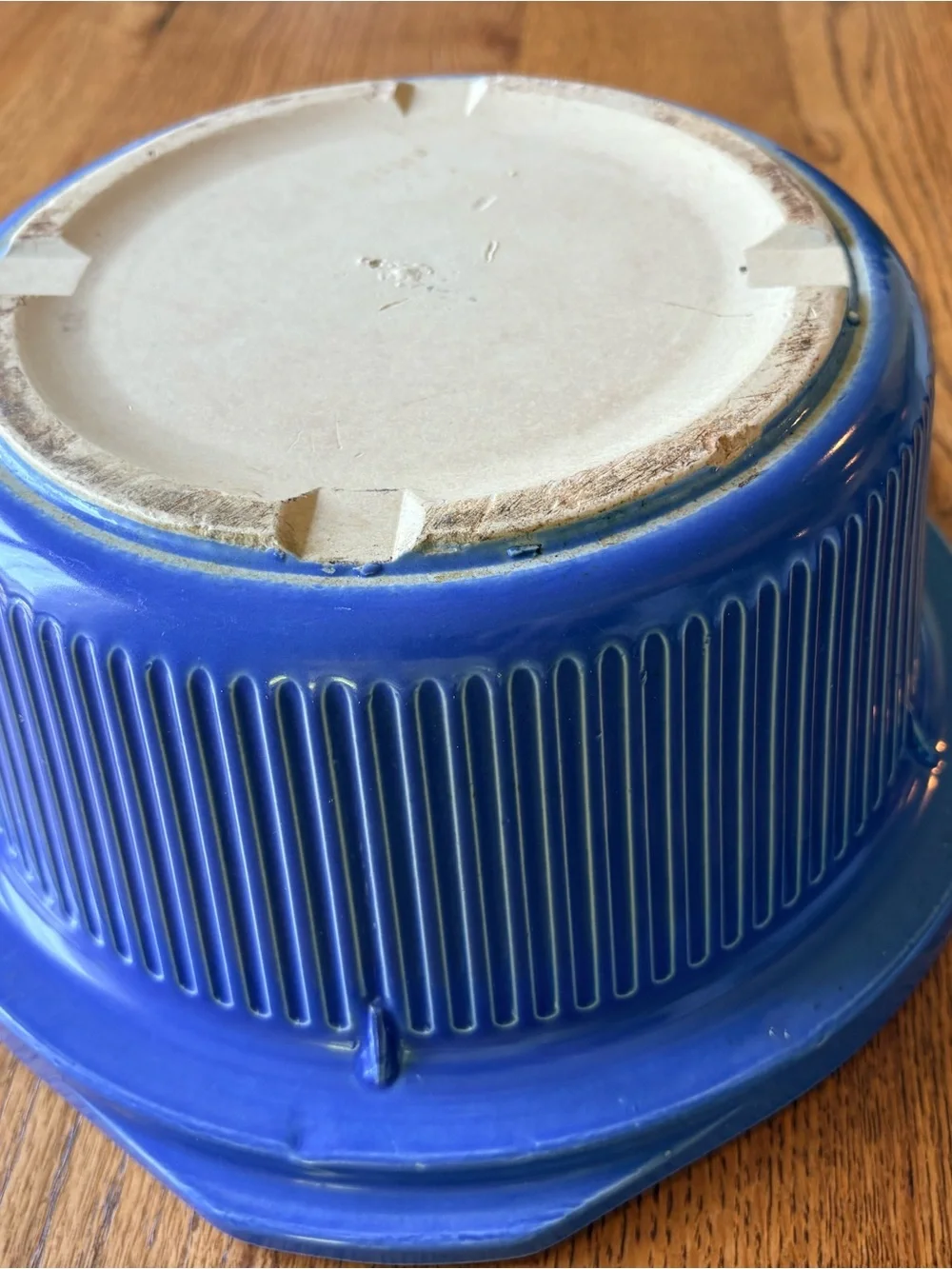 Vintage blue and cream ribbed Rival Crock for crockpot-